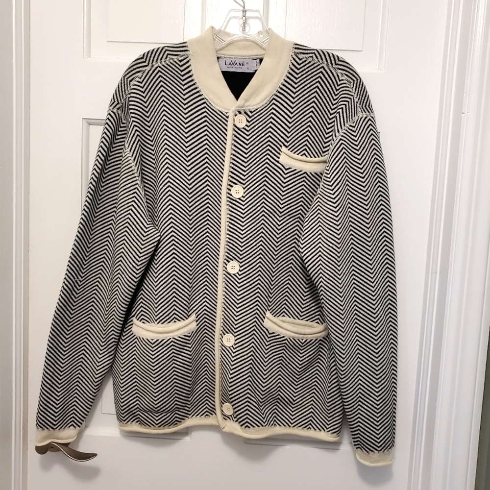 LaVane Black & Ivory White Zigzag striped cardigan size Medium, classic, casual